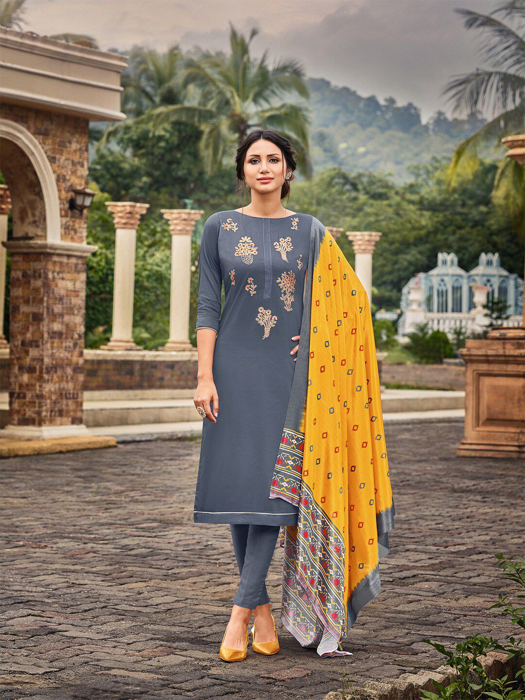 mf Grey & Yellow Embroidered Unstitched Dress Material Price in India