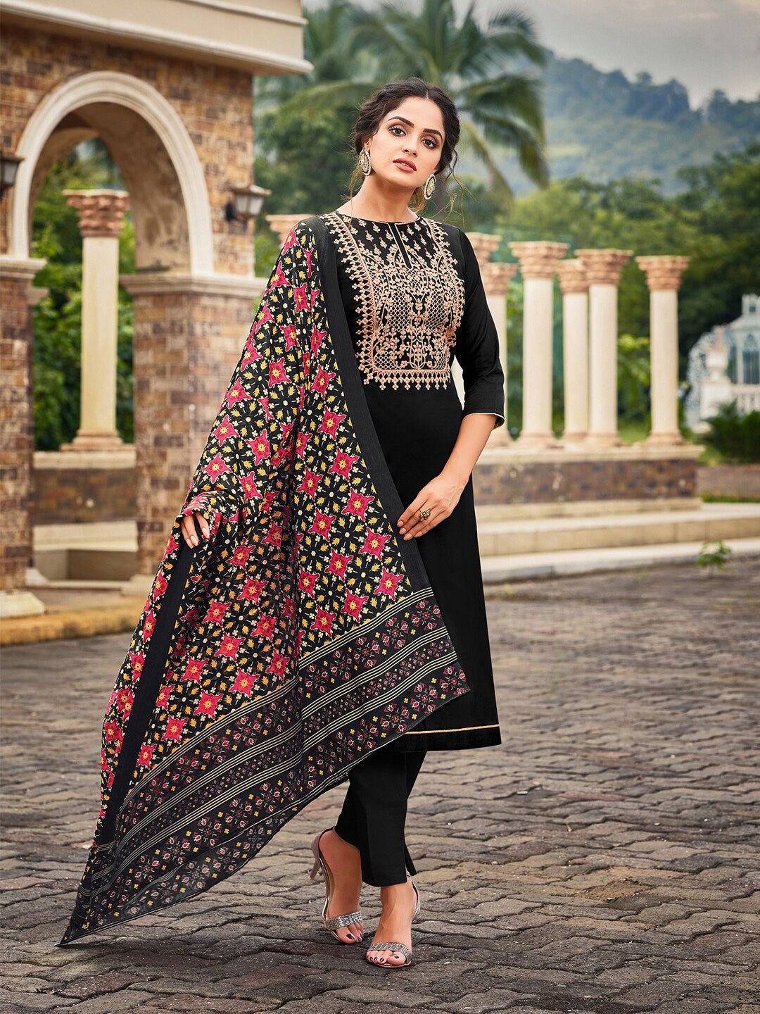 mf Black & Pink Embroidered Unstitched Dress Material Price in India