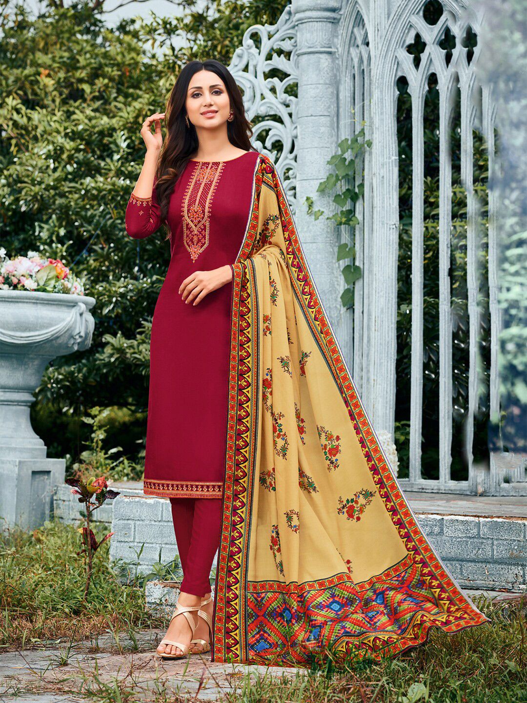 mf Maroon & Beige Embroidered Unstitched Dress Material Price in India