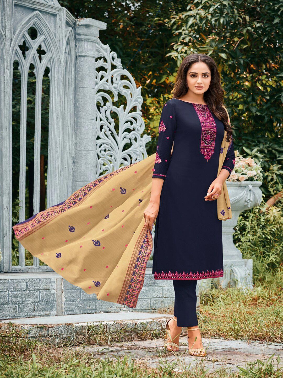 mf Navy Blue & Pink Embroidered Unstitched Dress Material Price in India