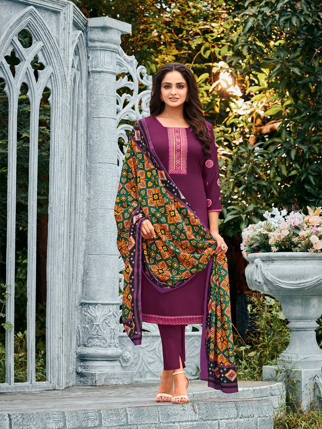 mf Purple & Green Embroidered Unstitched Dress Material With Dupatta Price in India