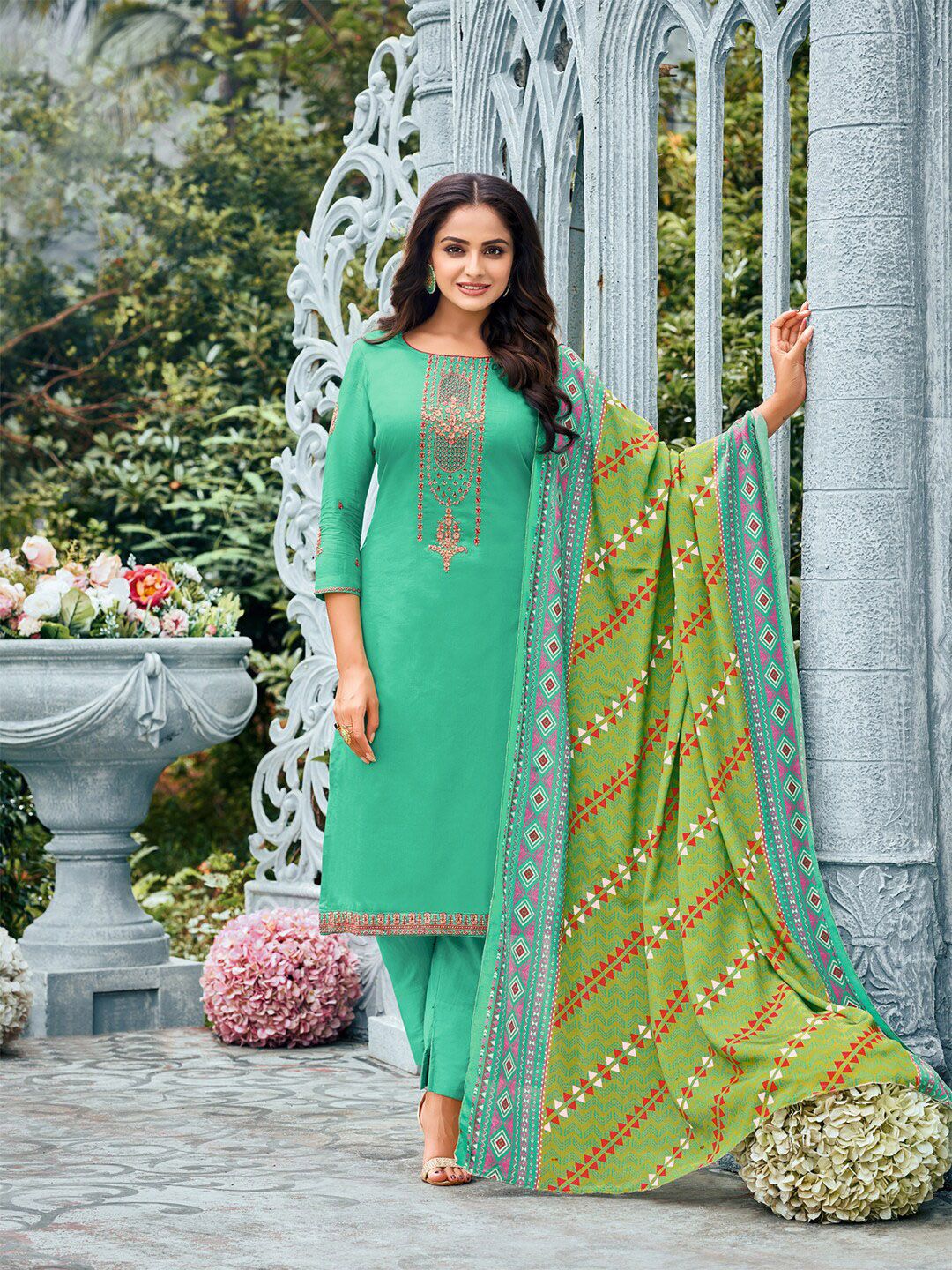 mf Sea Green & Red Embroidered Unstitched Dress Material Price in India