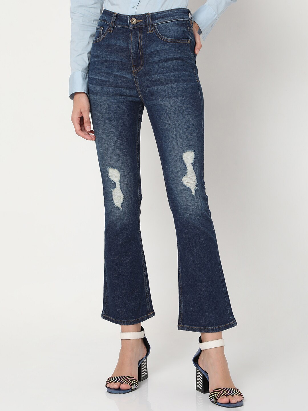 Vero Moda Women Blue Bootcut High-Rise Mildly Distressed Heavy Fade Jeans Price in India