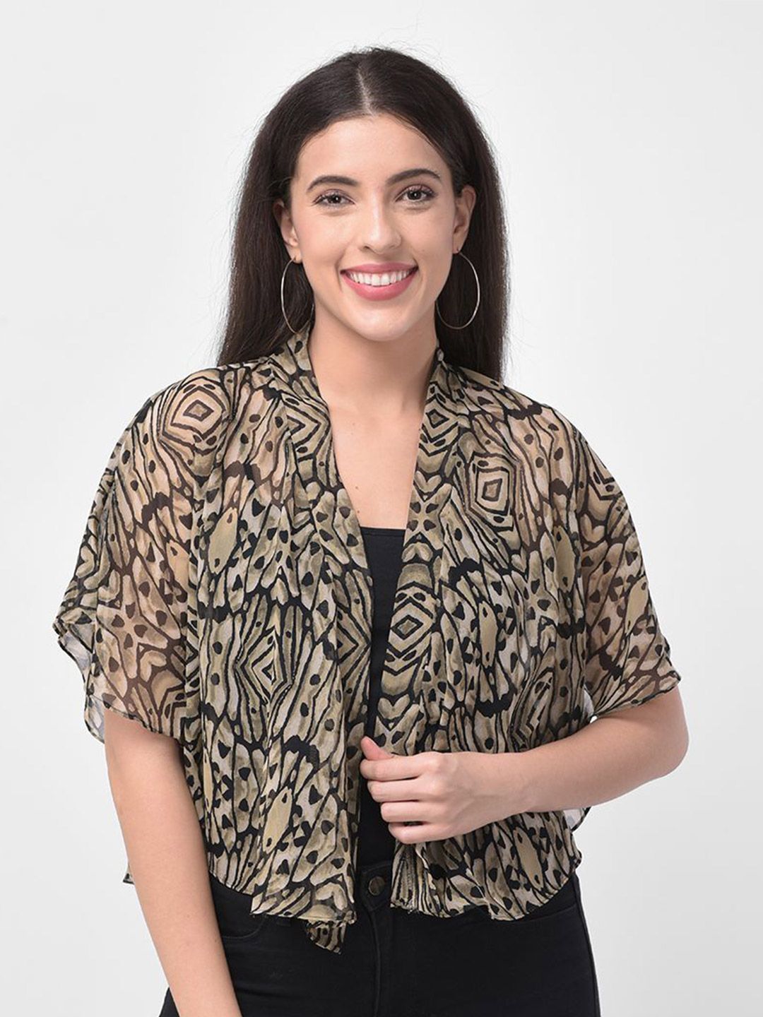 250 DESIGNS Women Black & Brown Printed Sheer Shrug Price in India