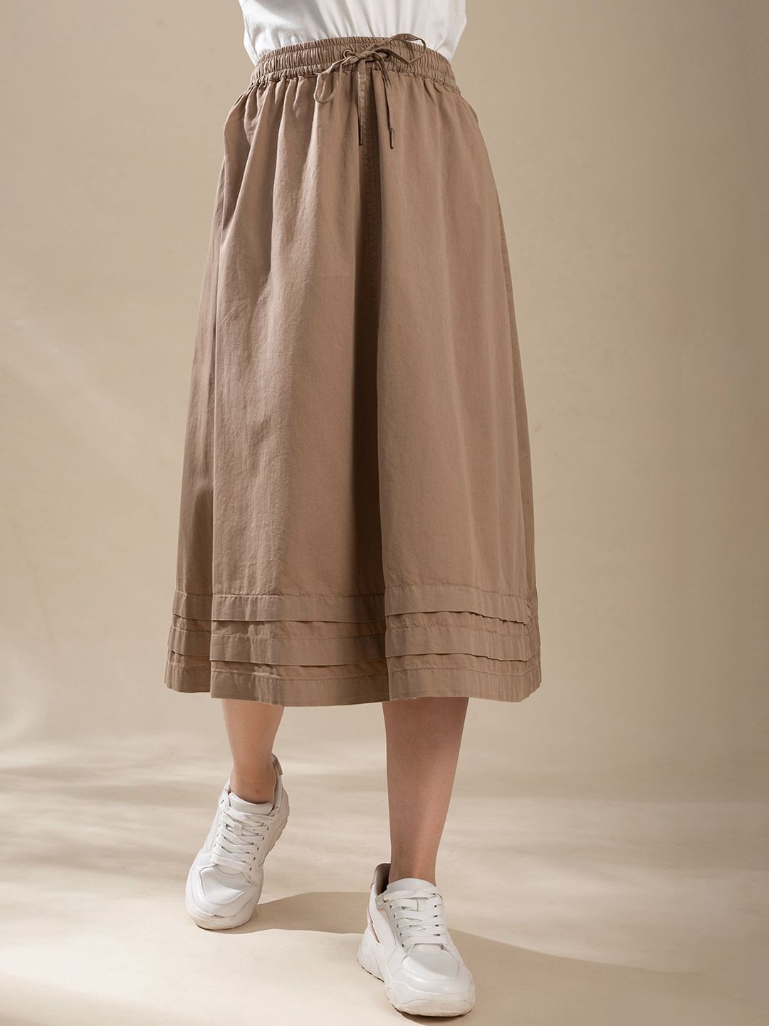B.Copenhagen Women Brown Solid Flared Knee-Length Pure Cotton Skirt