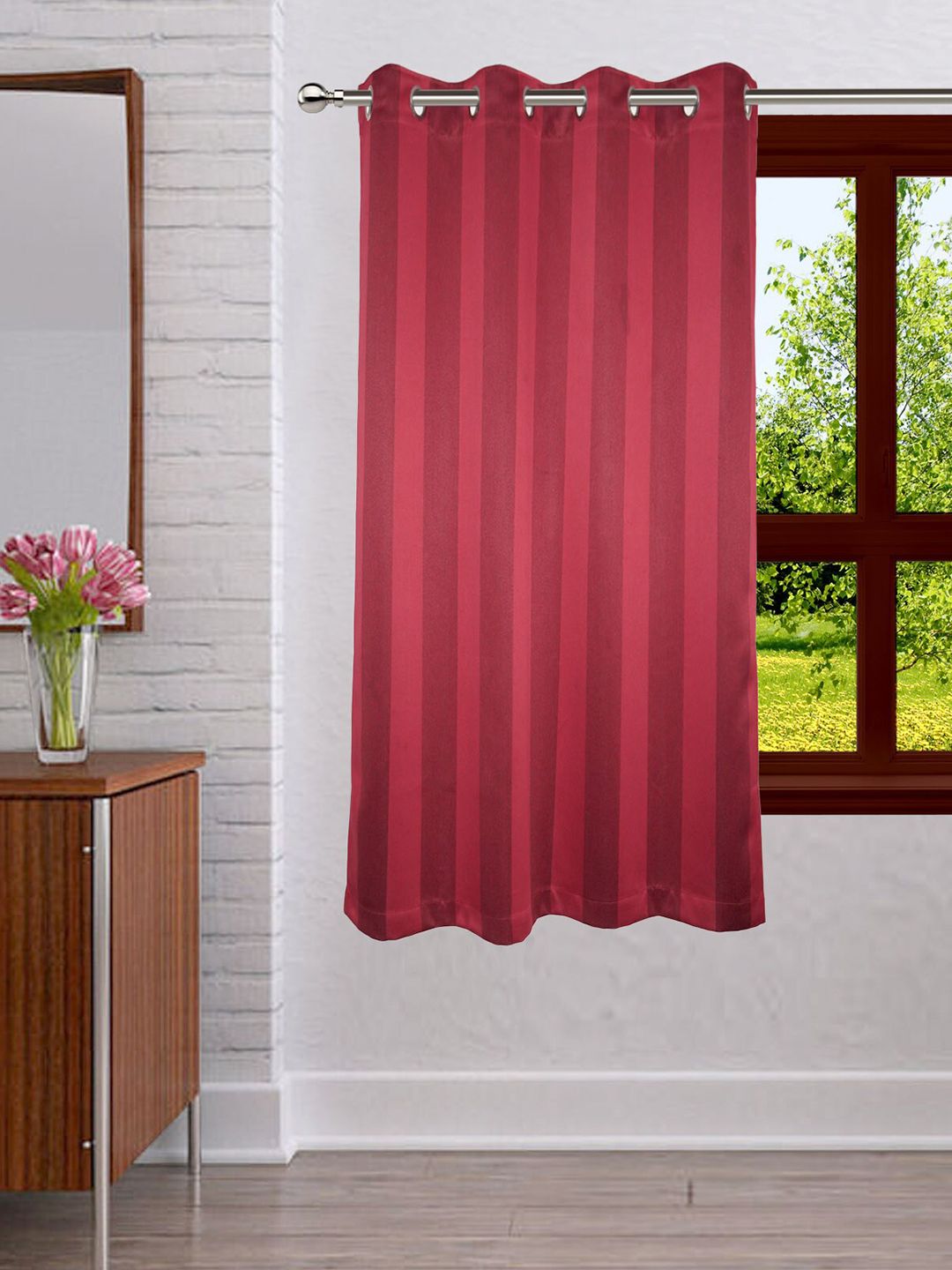 Lushomes Maroon & Silver-Toned Striped Window Curtain Price in India