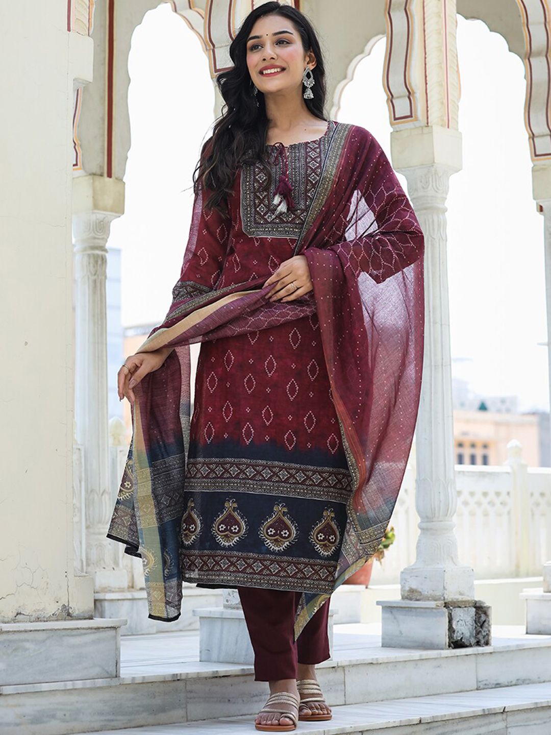 KAAJH Women Maroon Bandhani Printed Chanderi Silk Kurta with Trousers & With Dupatta Price in India