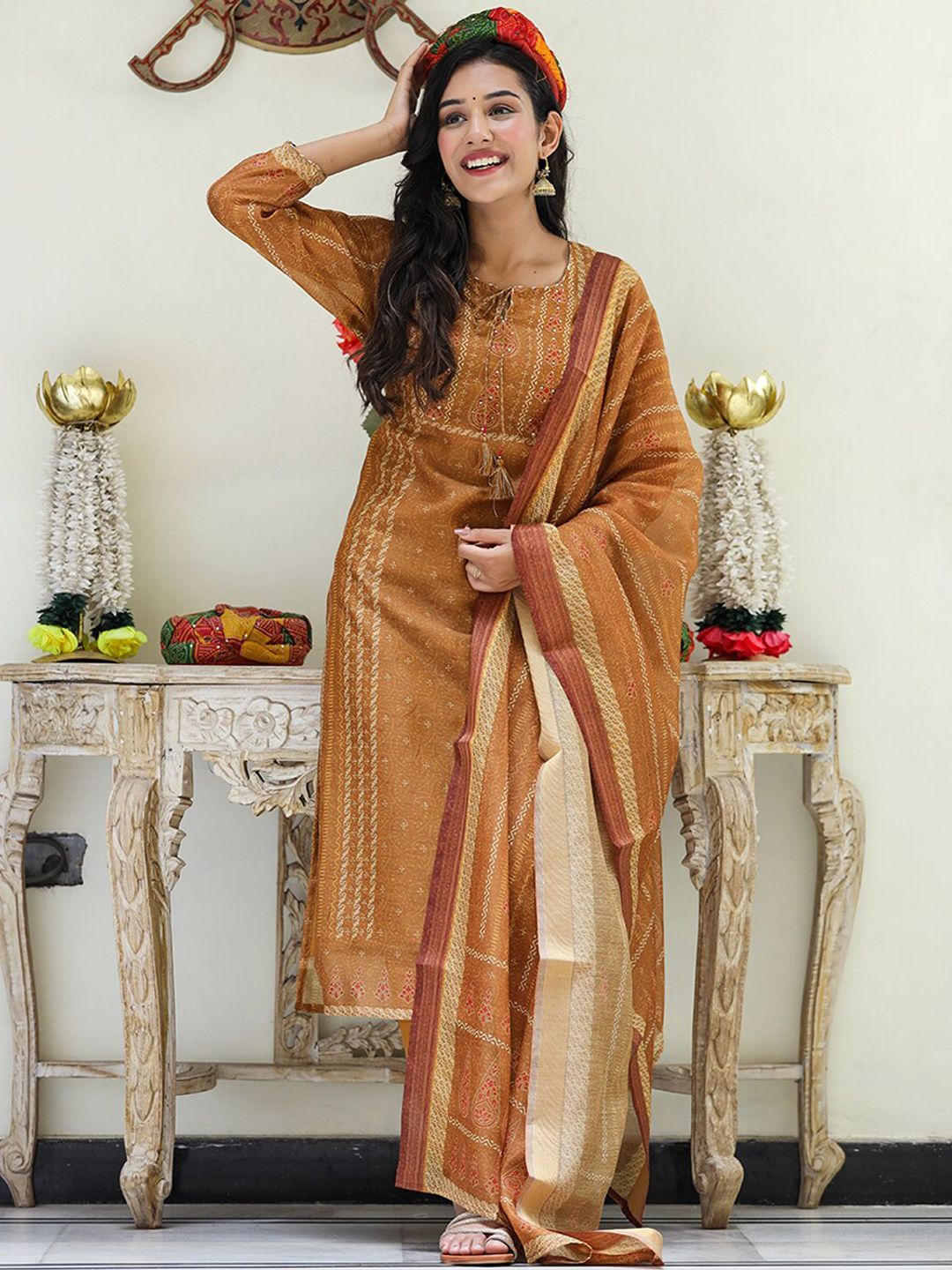 KAAJH Women Yellow Printed Sequinned Chanderi Silk Kurta with Trousers & With Dupatta Price in India