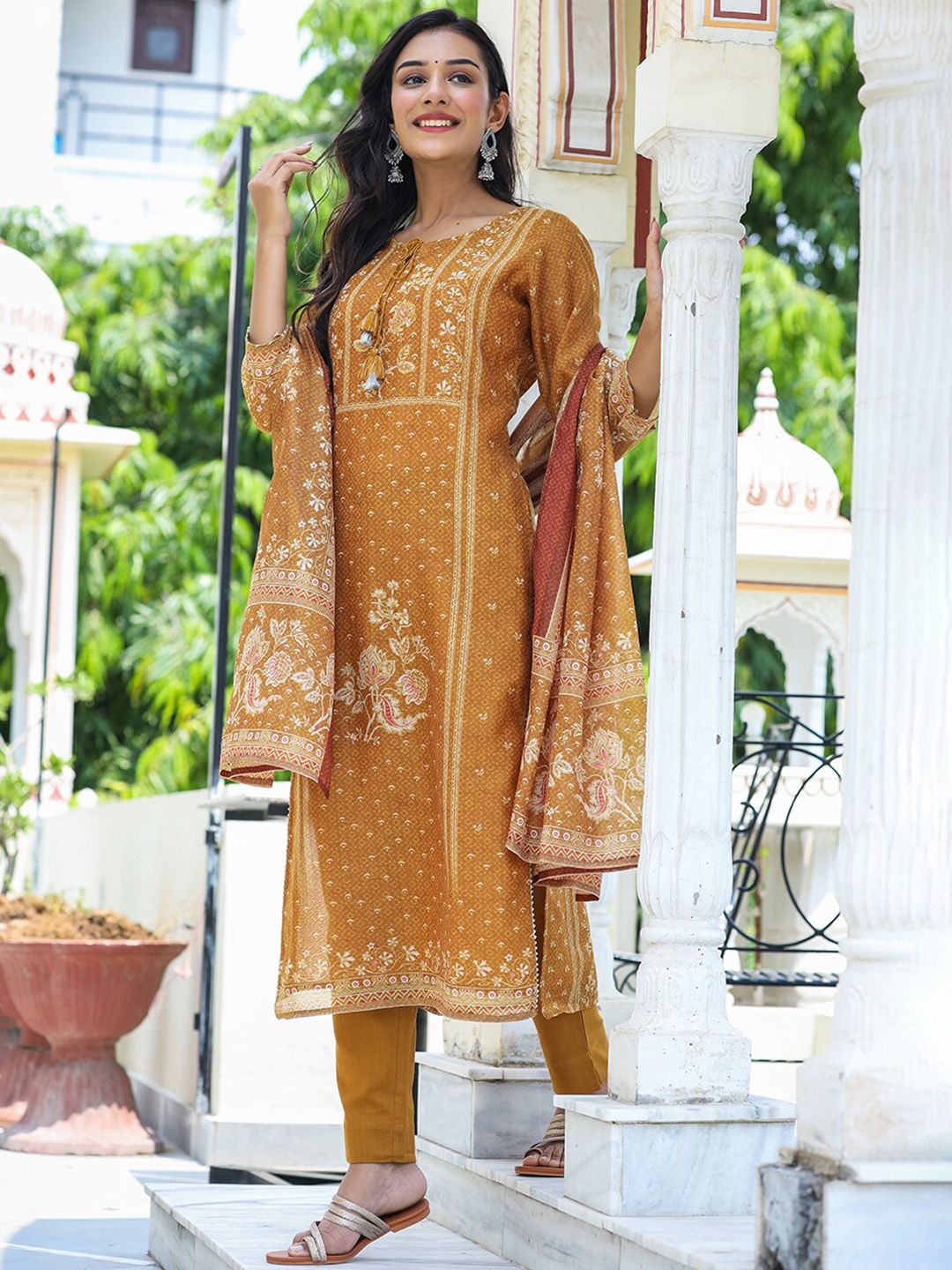 KAAJH Women Yellow Ethnic Motifs Printed Chanderi Silk Kurta with Trousers & With Dupatta Price in India