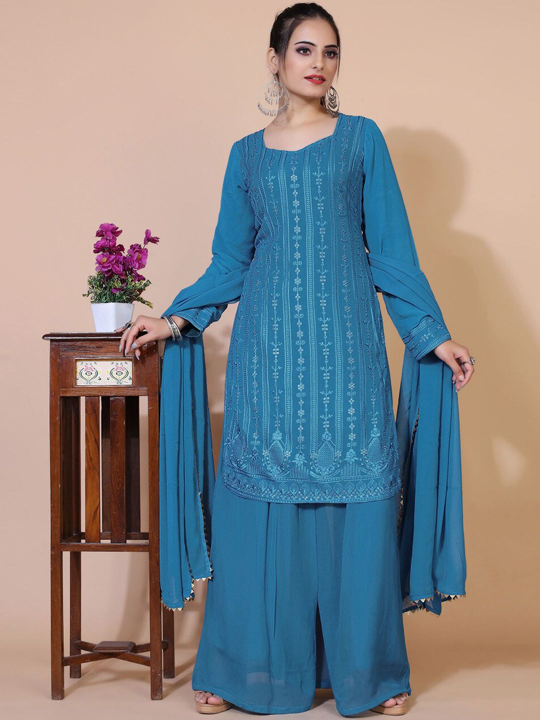 Virah Fashion Women Blue Ethnic Motifs Chikankari Silk Georgette Kurti with Sharara & With Dupatta Price in India