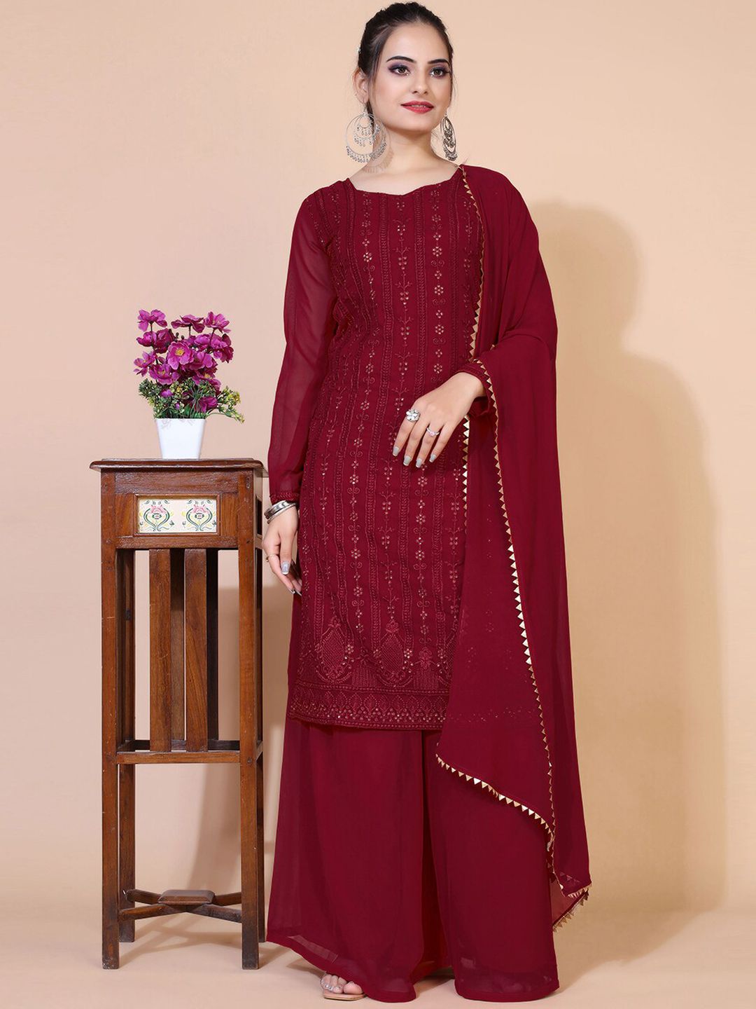 Virah Fashion Women Maroon Yoke Design Chikankari Kurta with Palazzos & With Dupatta Price in India