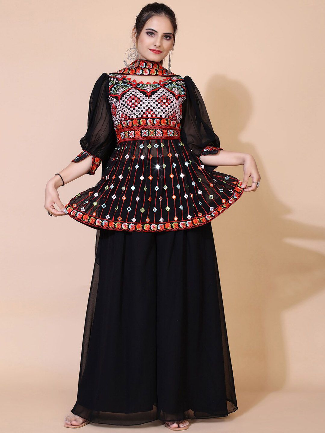 Virah Fashion Women Black Ethnic Motifs Thread Work Kurti with Skirt & With Dupatta Price in India