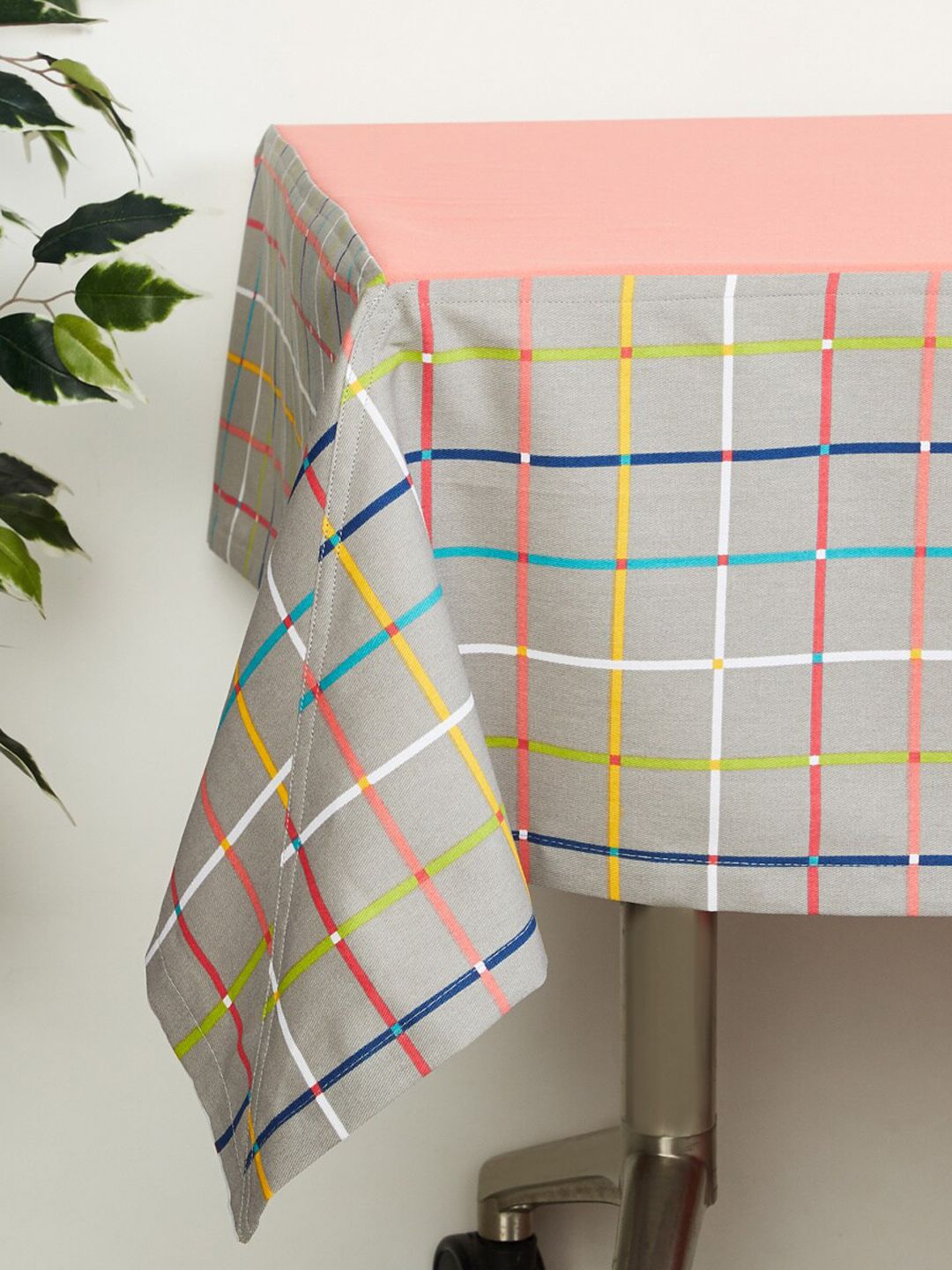 Home Centre Grey & Pink Checked Cotton Table Cloth Price in India