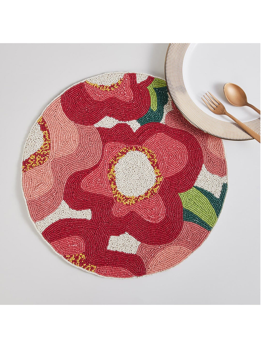 Home Centre Red Mandarin-Bohemian Rhapsody Beaded Glass Round Trivet Placemat Price in India