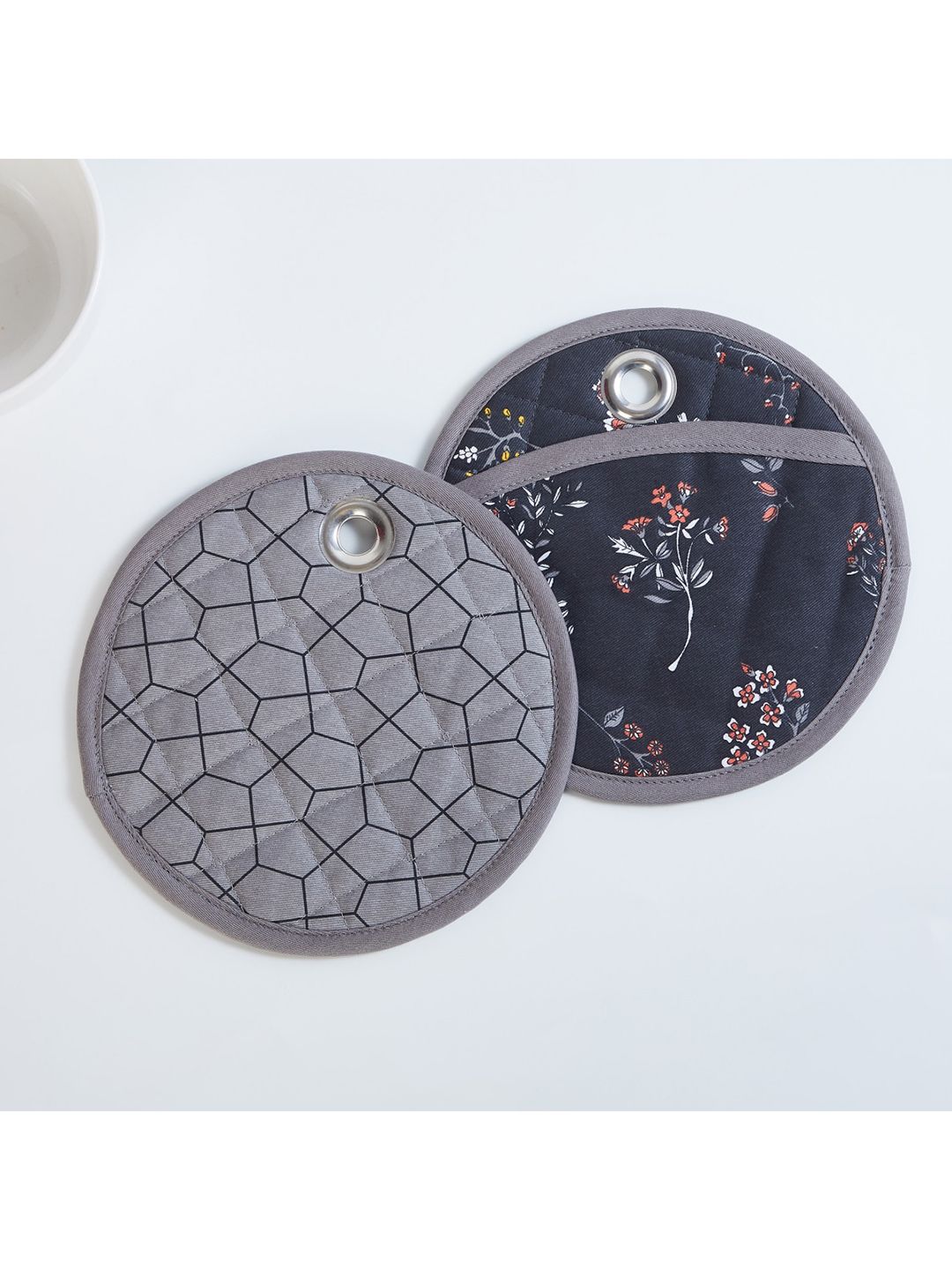 Home Centre Set Of 2 Grey Mandarin-Modern Retreat Printed Round Pot Holders Price in India