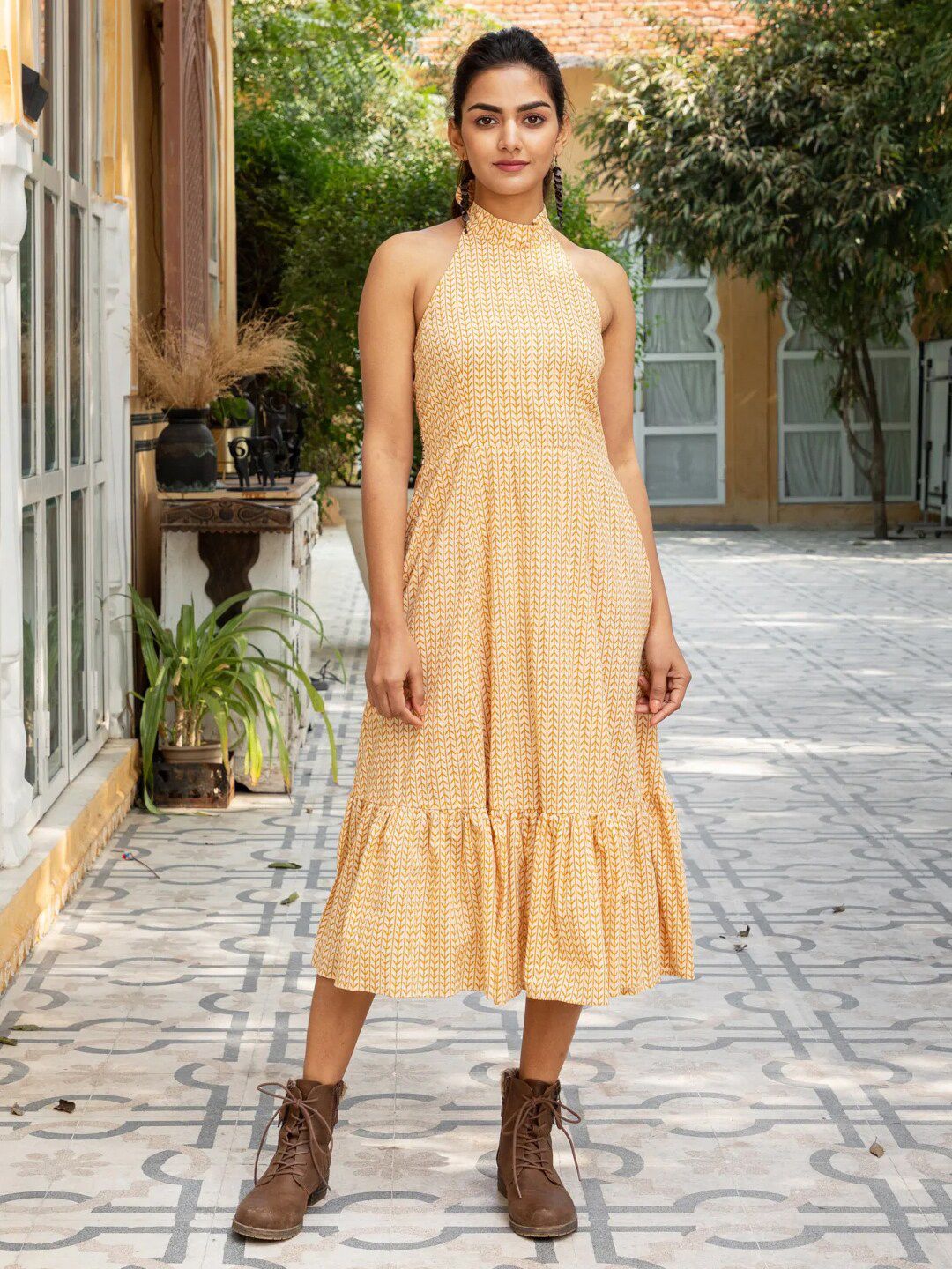 Ambraee Yellow Striped Midi Dress Price in India