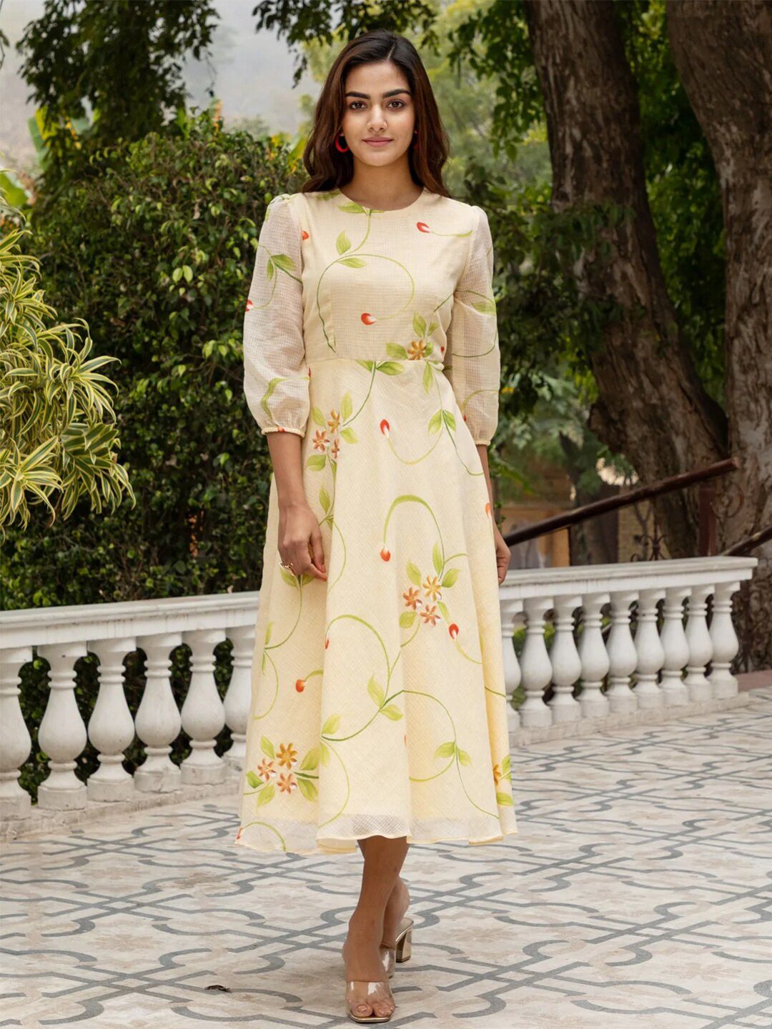 Ambraee Yellow Floral A-Line Dress Price in India