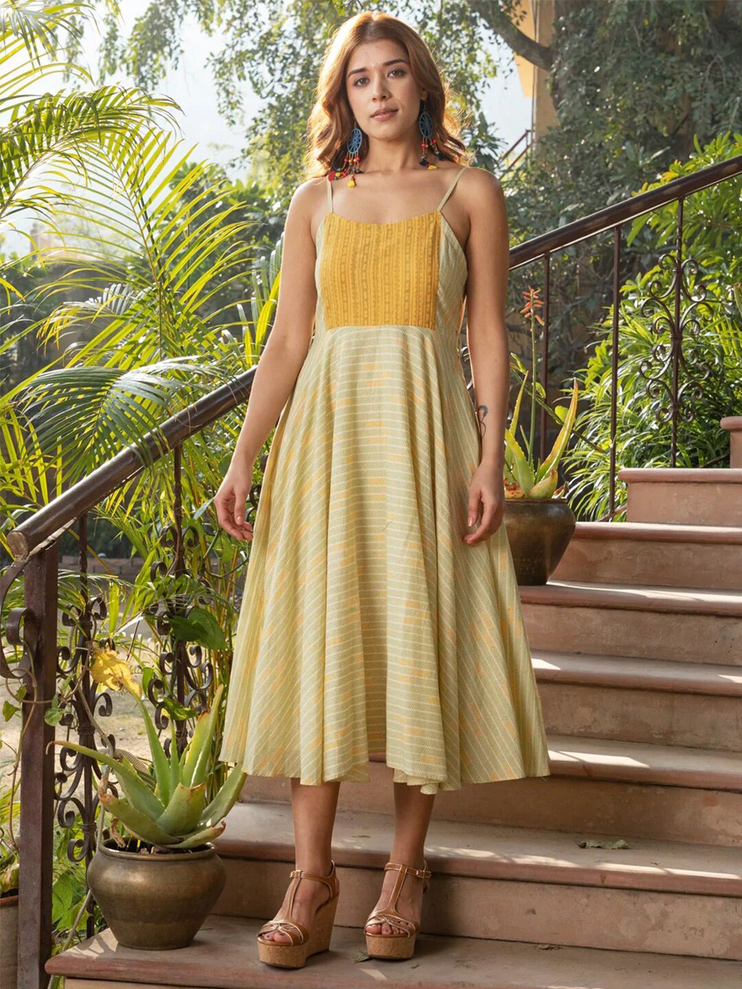 Ambraee Women Yellow Striped Midi Dress Price in India