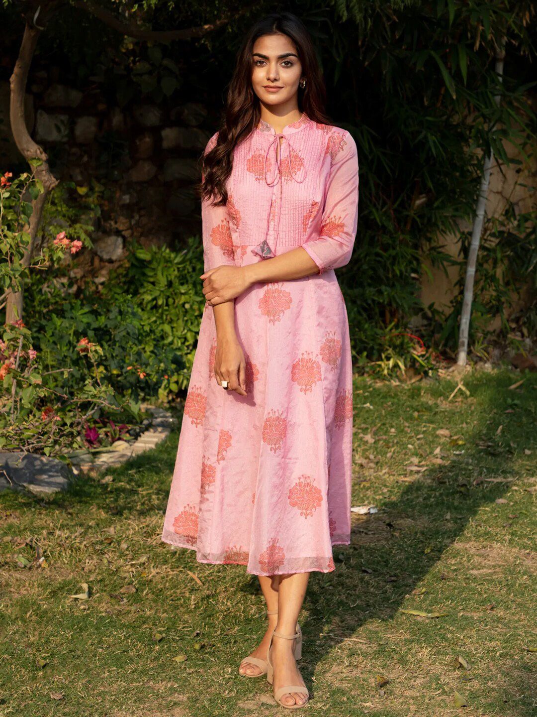 Ambraee Pink Floral A-Line Midi Dress Price in India