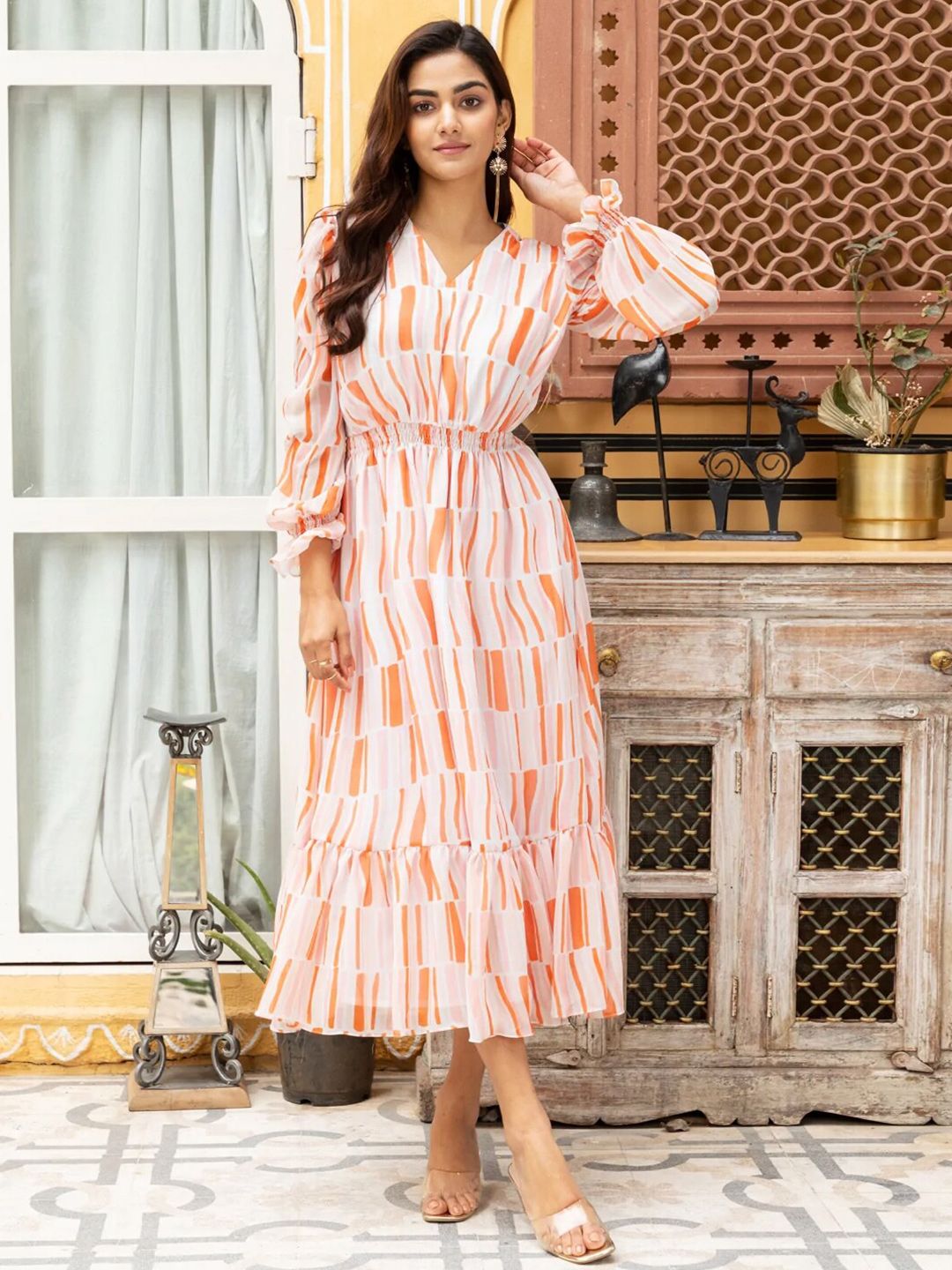 Ambraee Women Orange A-Line Stripe Midi Dress Price in India