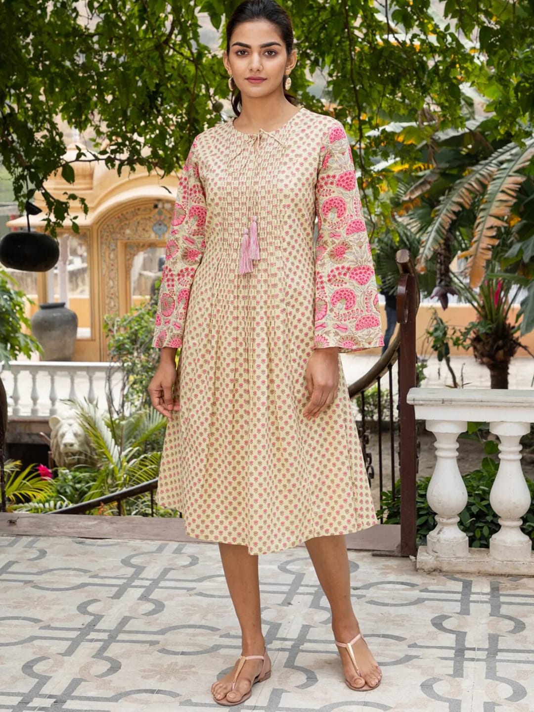 Ambraee Mustard Yellow Floral A-Line Dress Price in India