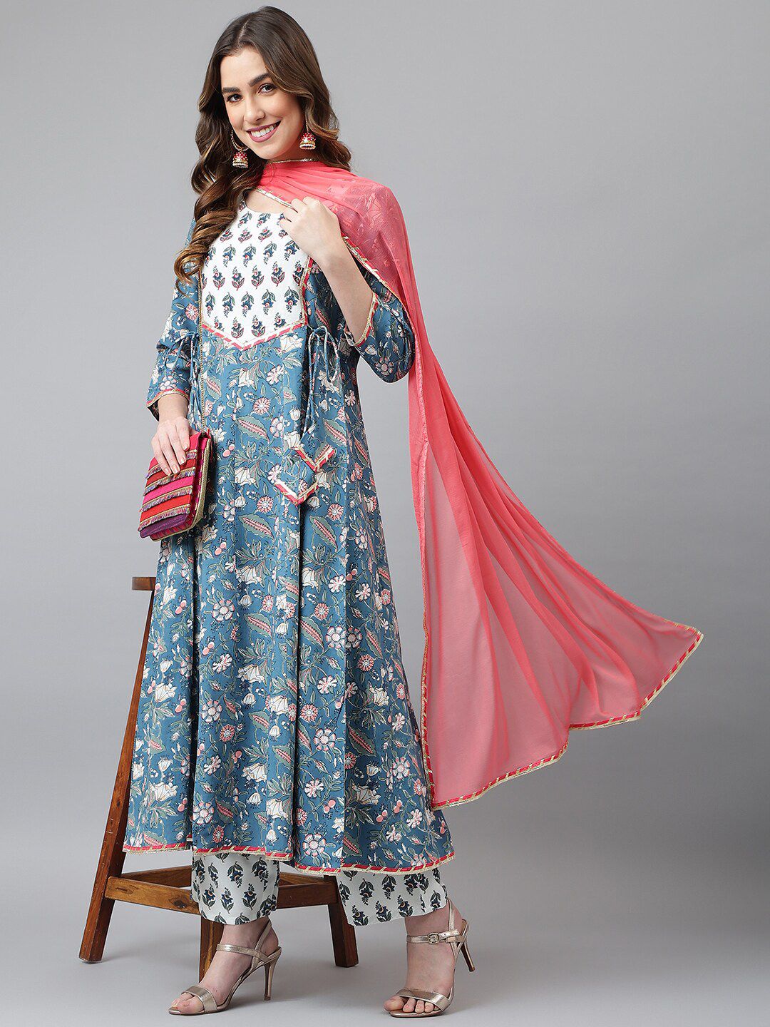 Khushal K Women Blue Ethnic Motifs Printed Kurta with Palazzos & With Dupatta Price in India