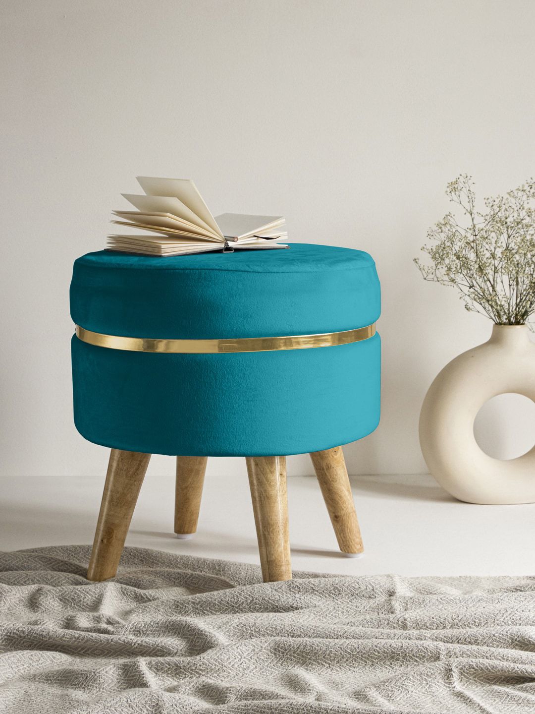 Clasiko Teal Blue Solid Ottomans With Wooden Legs Price in India