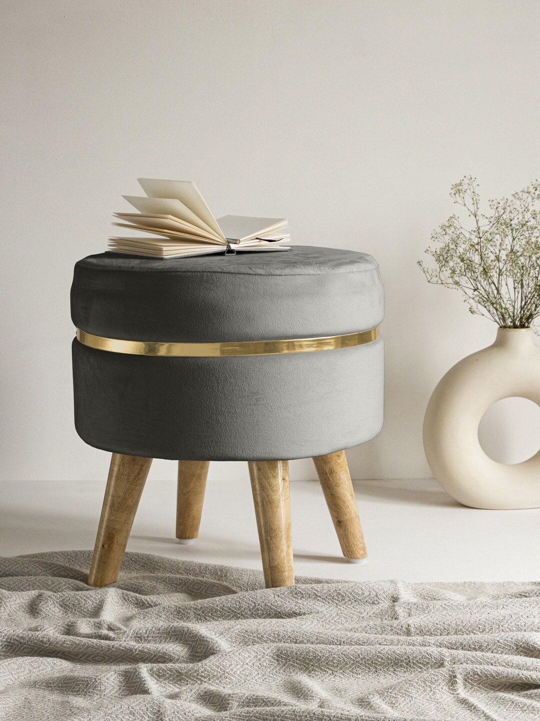 Clasiko Grey Solid Ottoman With Golden Ring & Wood Legs Price in India