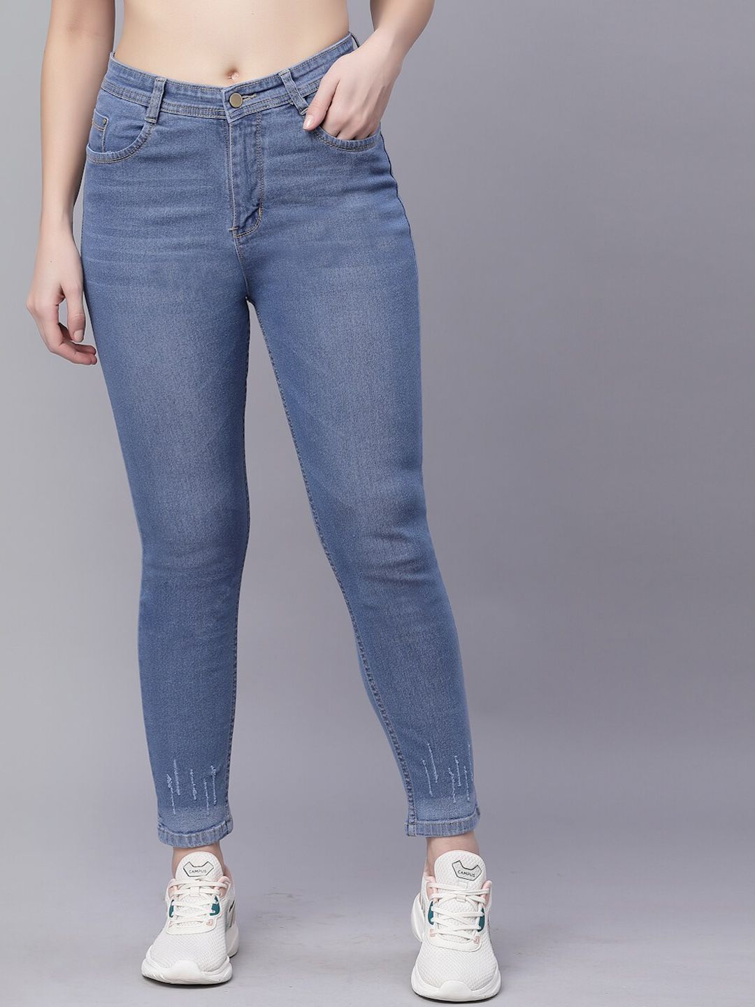 KASSUALLY Women Blue Skinny Fit Slash Knee Stretchable Jeans Price in India