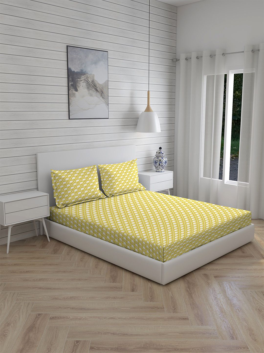 Layers Unisex Yellow 100% Cotton 144 TC Double Bedsheets Price in India