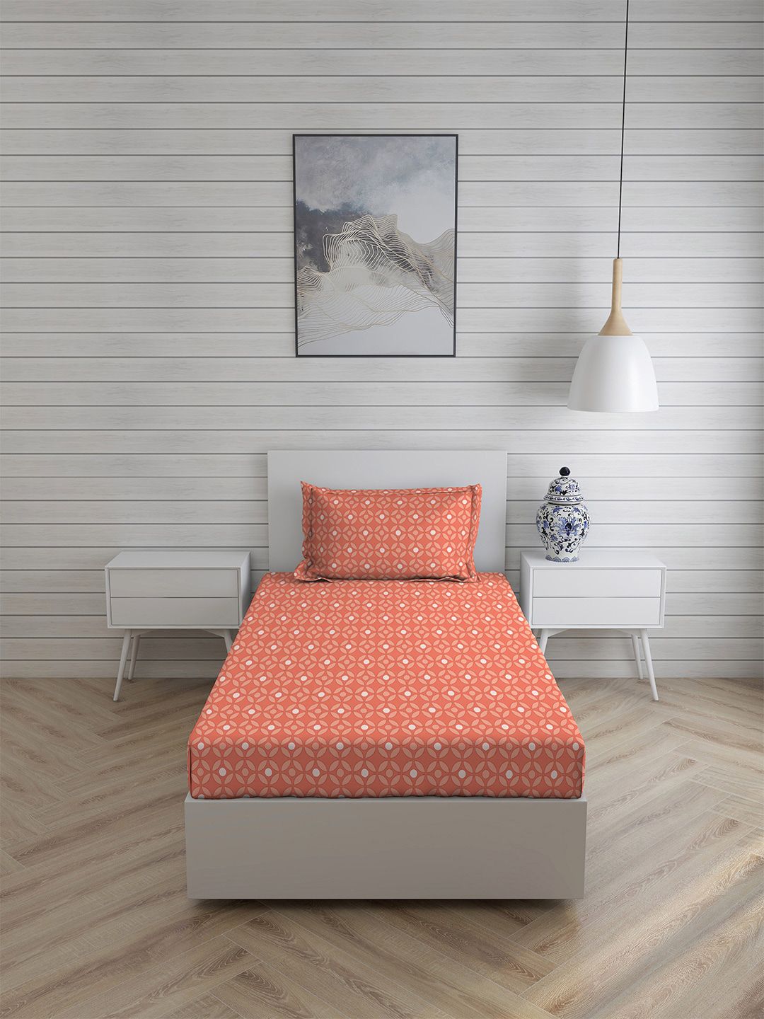 Layers Orange & White Graphic 144 TC Single Bedsheet with 1 Pillow Covers Price in India