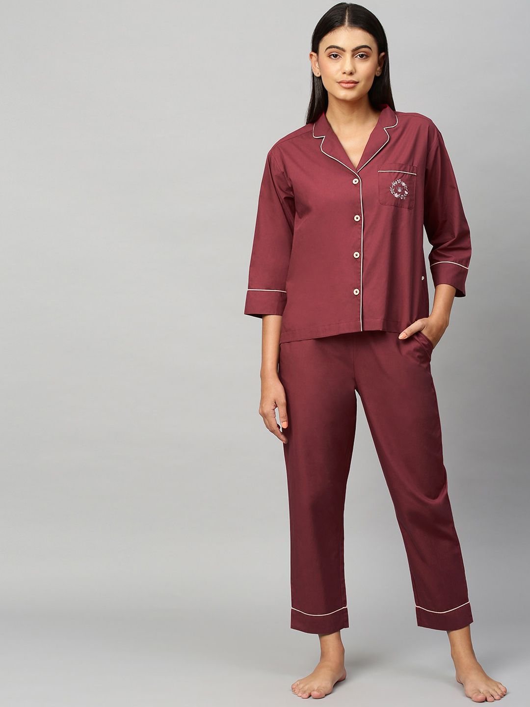 Chemistry Women Burgundy & White Night suit Price in India