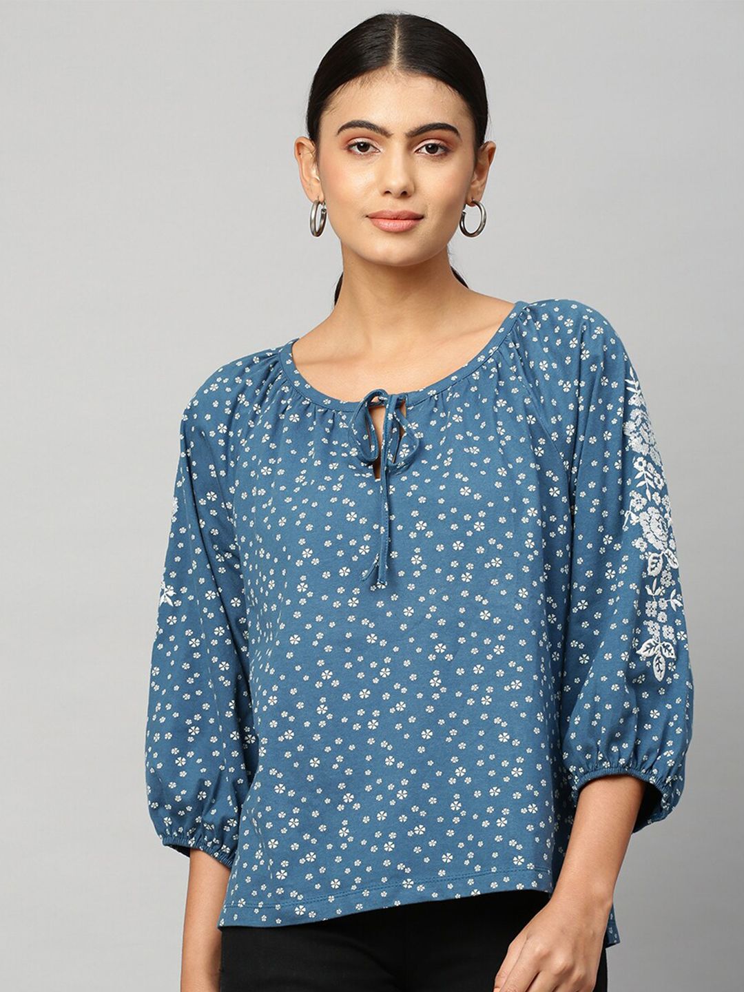 Chemistry Teal Blue Floral Print Tie-Up Neck Pure Cotton Top