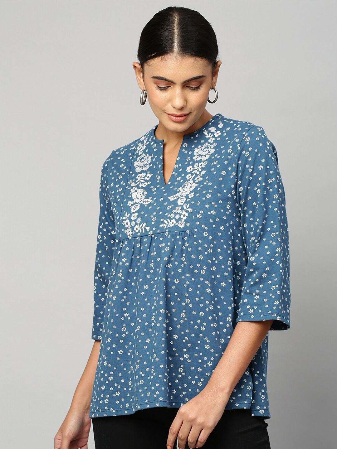 Chemistry Teal Floral Print Denim Top