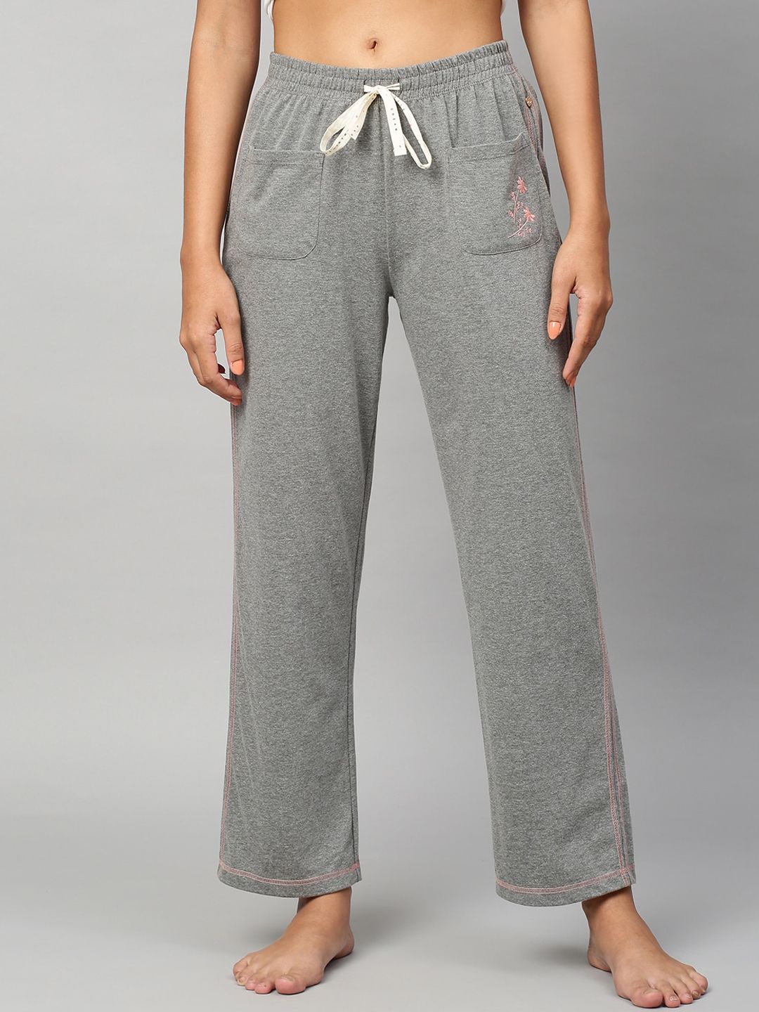 Chemistry Women Grey Melange Solid Lounge Pants with Embroidered Detail Price in India