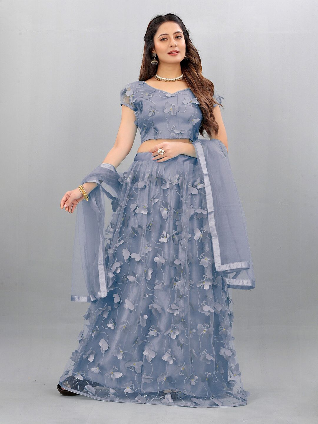APNISHA Grey & Gold-Toned Embroidered Ready to Wear Lehenga & Unstitched Blouse With Dupatta Price in India