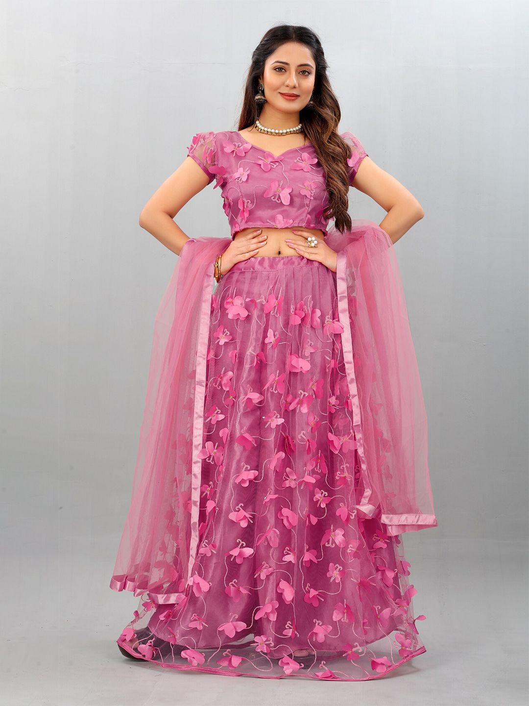 APNISHA Women Pink Embroidered Ready to Wear Lehenga & Unstitched Blouse With Dupatta Price in India