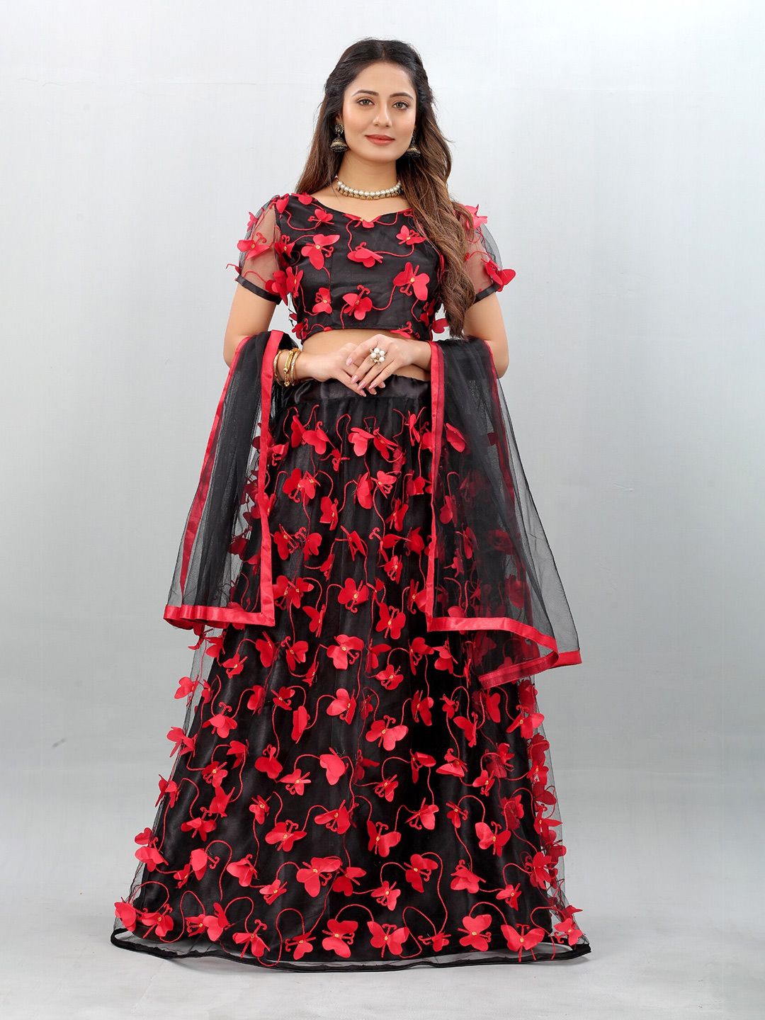 APNISHA Black & Red Embellished Ready to Wear Lehenga & Unstitched Blouse With Dupatta Price in India