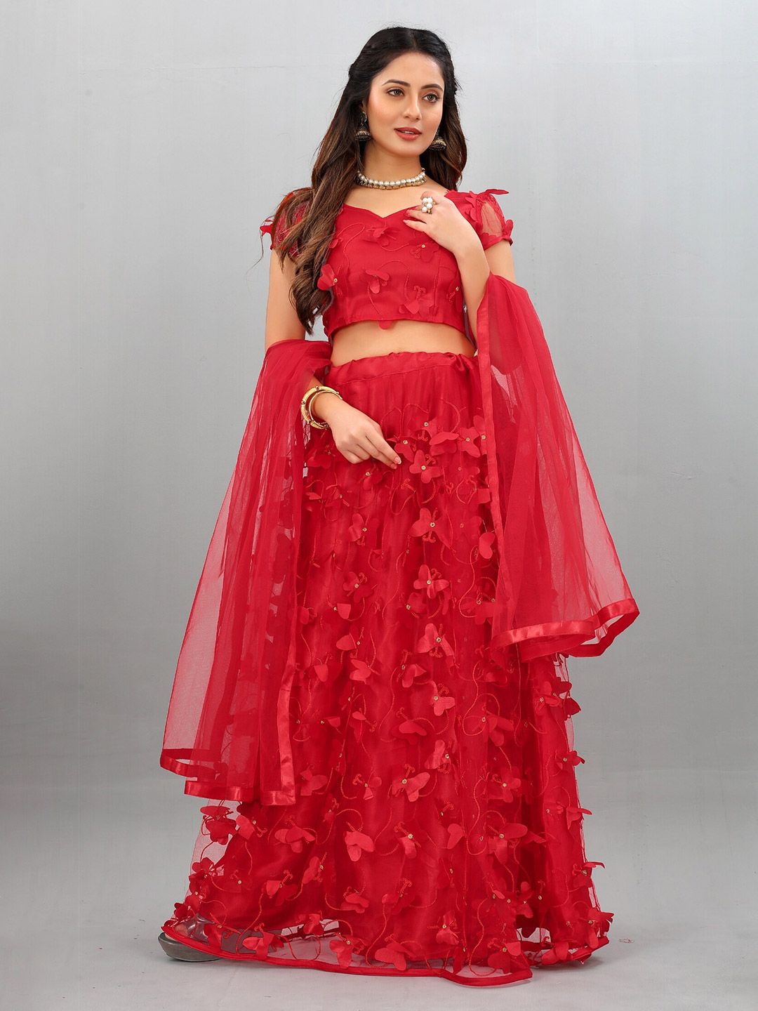 APNISHA Women Red Embroidered Ready to Wear Lehenga & Unstitched Blouse With Dupatta Price in India