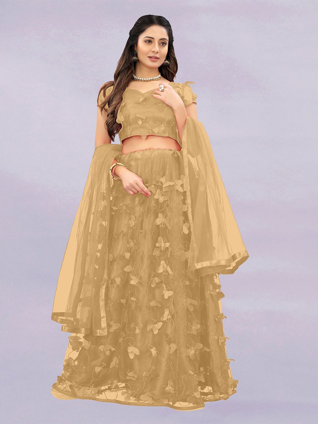 APNISHA Beige & Gold-Toned Embroidered Ready to Wear Lehenga & Unstitched Blouse With Dupatta Price in India