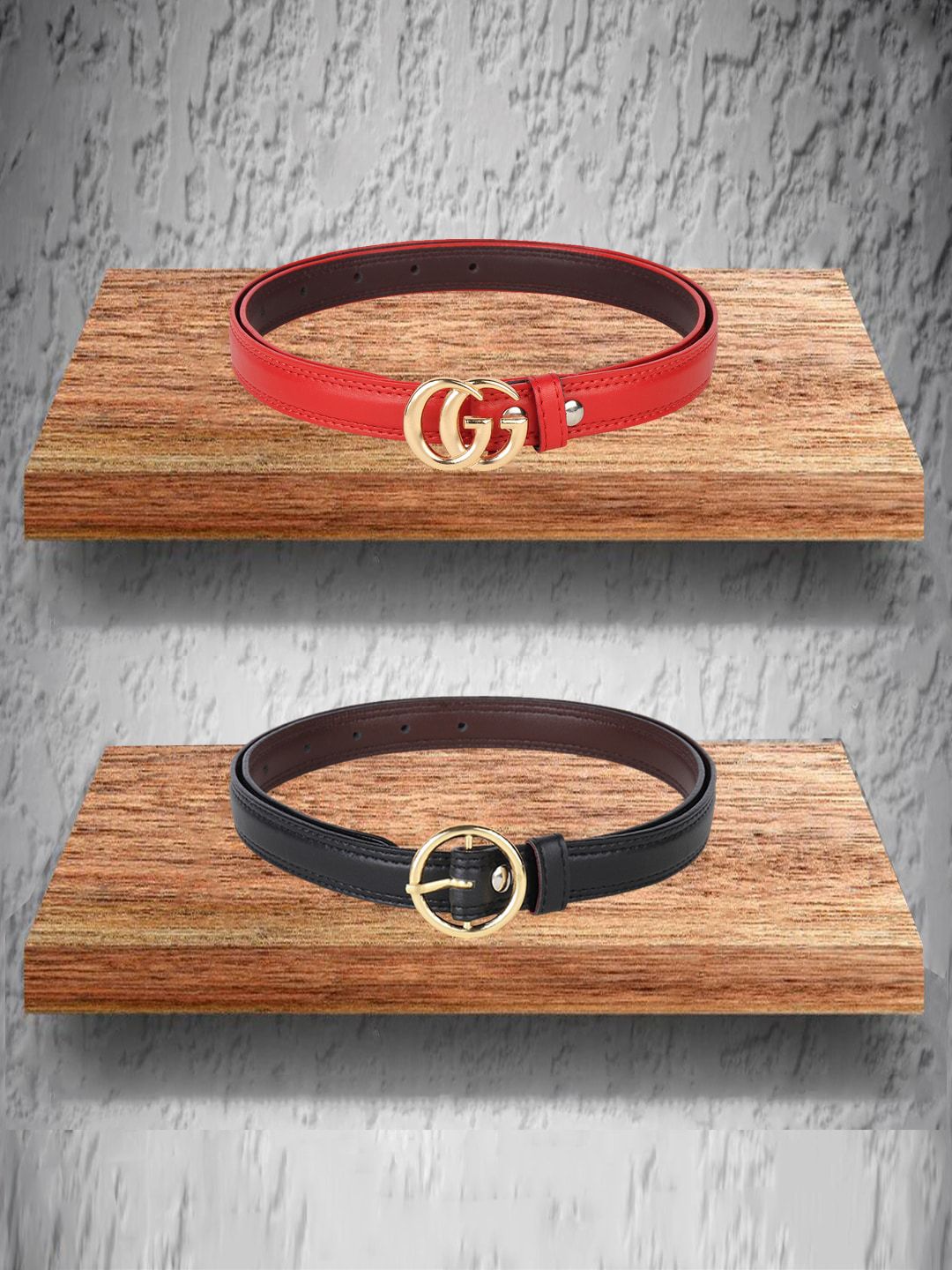 Swiss Design Women Pack Of 2 Red & Black Belts Price in India