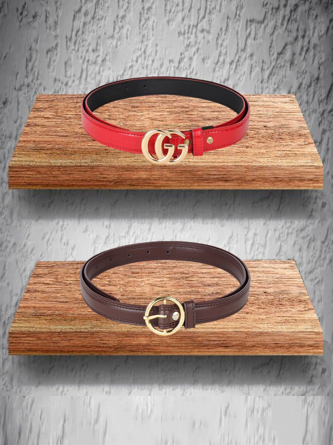 Swiss Design Pack of 2 Women Red & Brown Solid Belts Price in India