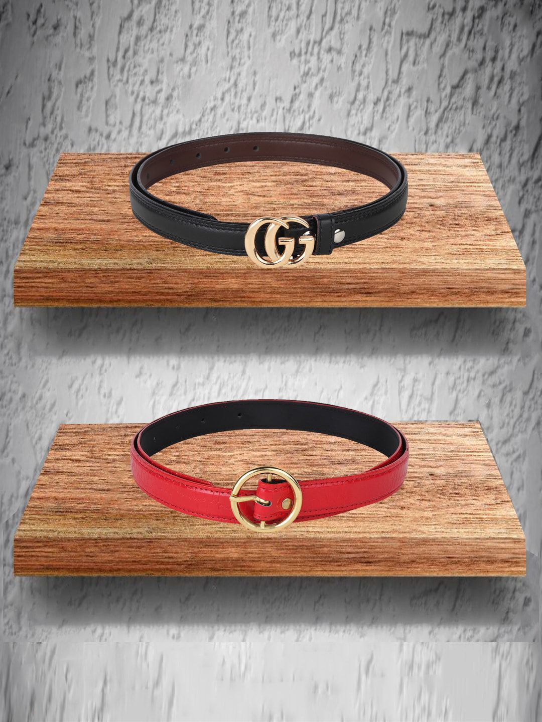 Swiss Design Women Set Of 2 Black & Red Belt Price in India