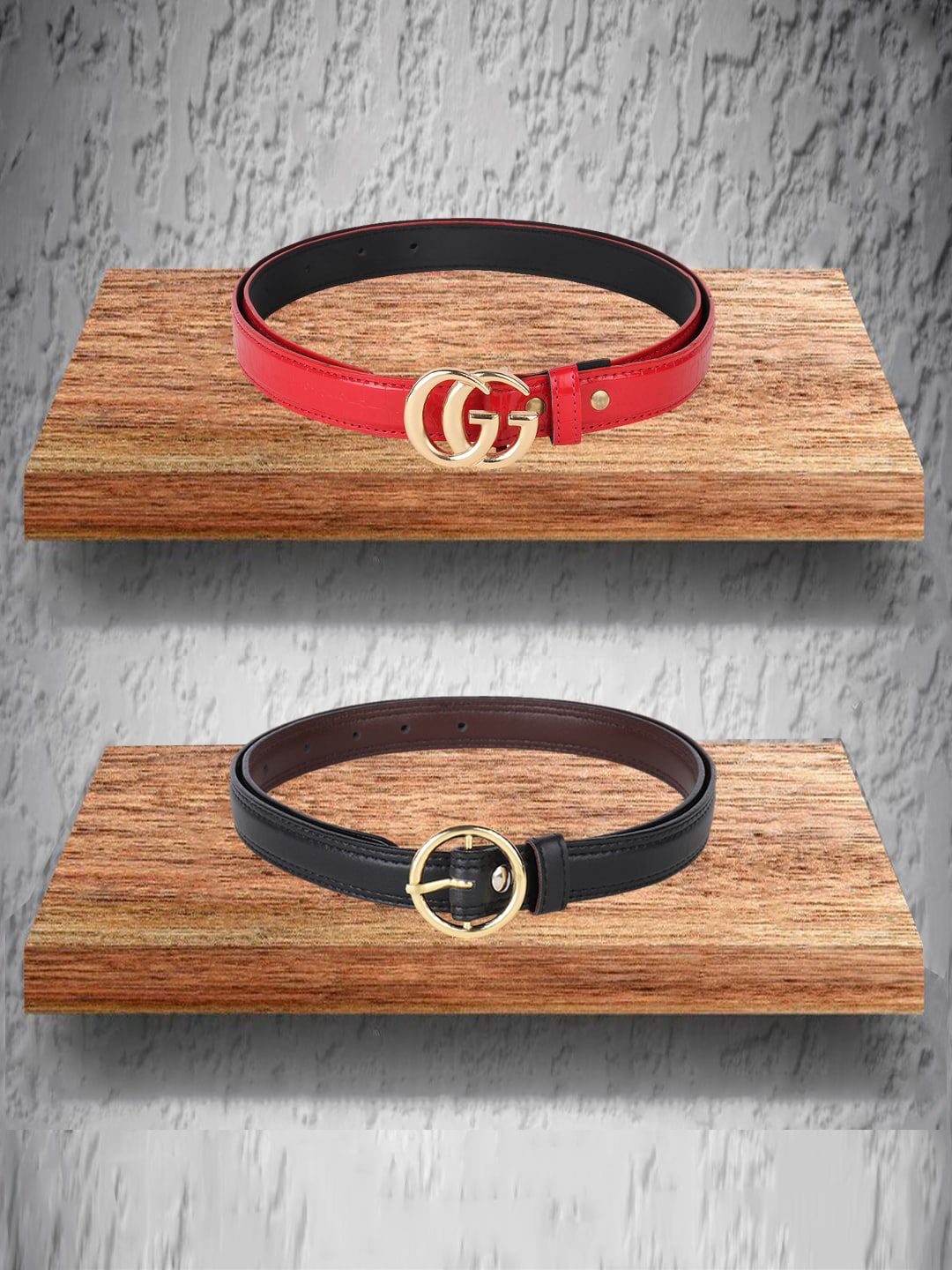 Swiss Design Women Red and Black Pack of 2 Belt Price in India