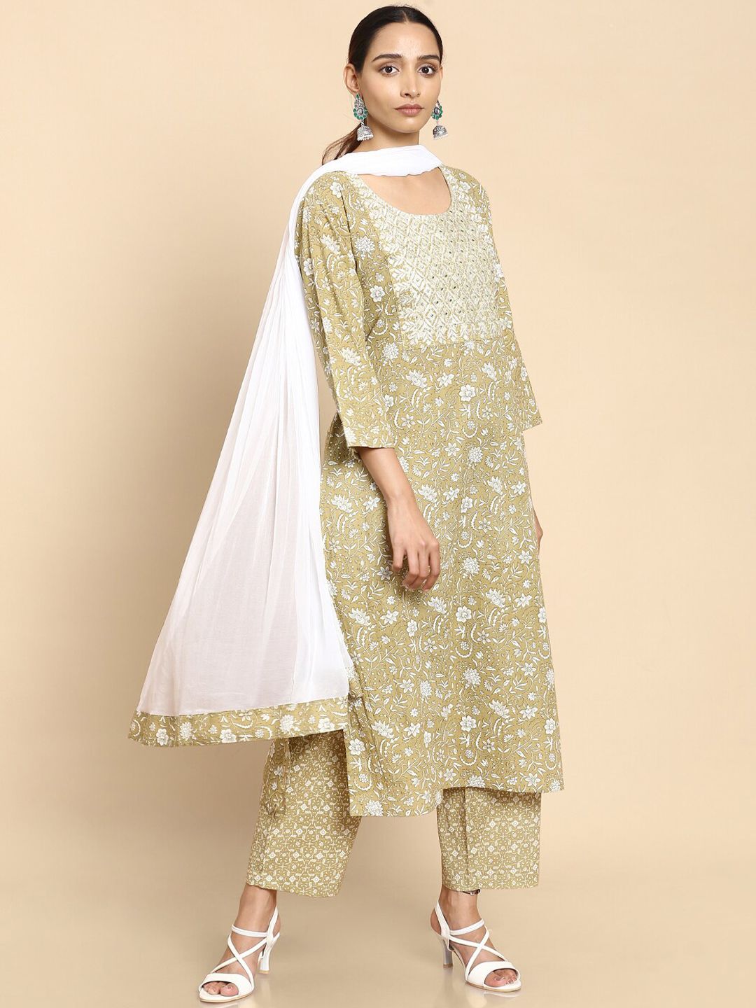 Soch Women Green Floral Printed Panelled Thread Work Pure Cotton Kurta with Trousers & With Dupatta Price in India