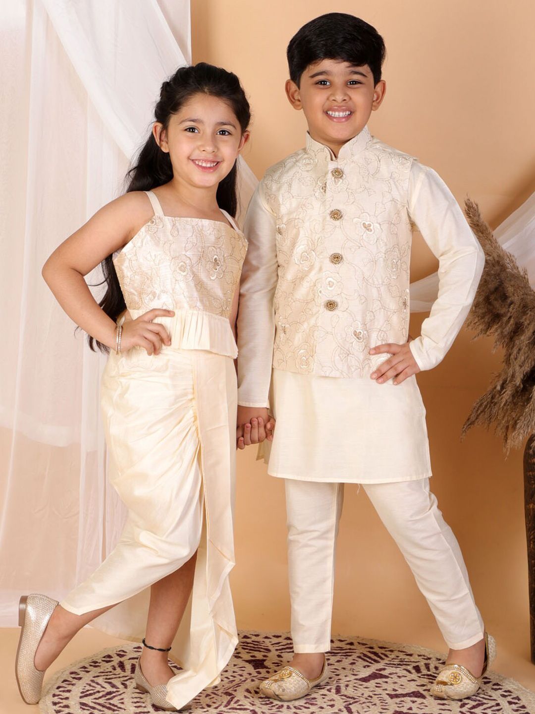VASTRAMAY Girls Cream-Coloured Embroidered Sequinned Ready to Wear Lehenga &