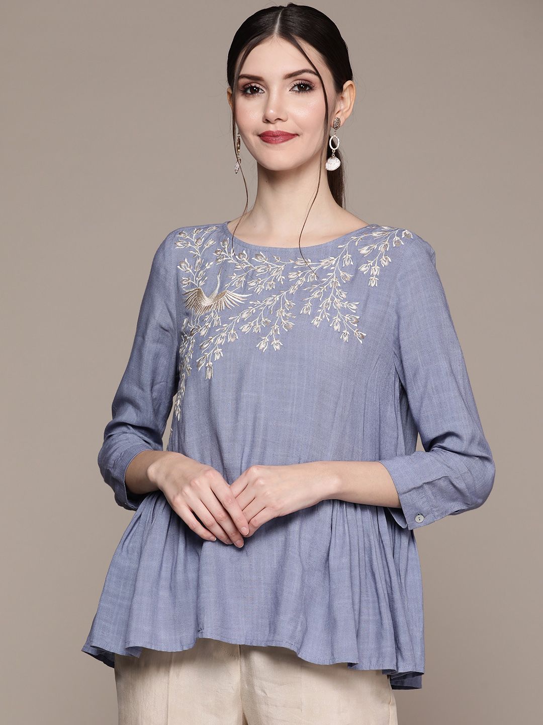 aarke Ritu Kumar Blue Floral Embroidered Top Price in India