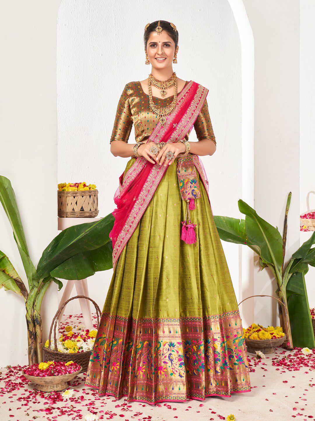 SHOPGARB Green & Pink Embellished Semi-Stitched Lehenga & Unstitched Blouse With Dupatta Price in India