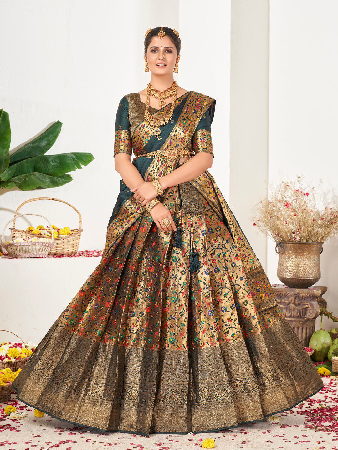 SHOPGARB Gold-Toned & Green Semi-Stitched Lehenga & Unstitched Blouse With Dupatta Price in India