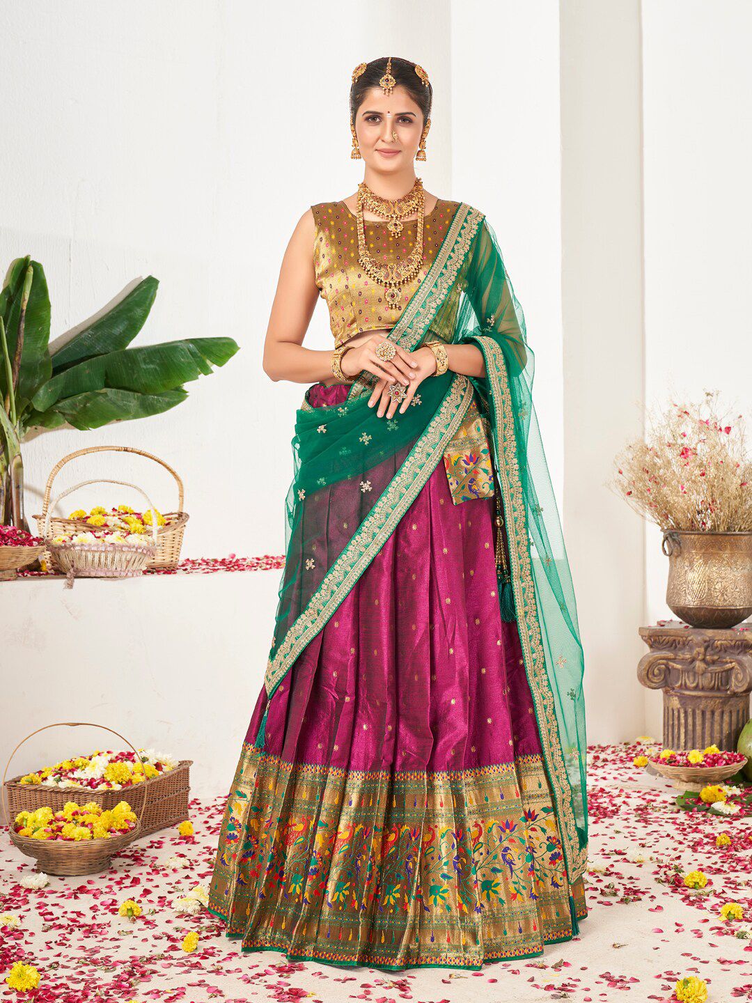 SHOPGARB Pink & Green Embellished Semi-Stitched Lehenga & Unstitched Blouse With Dupatta Price in India
